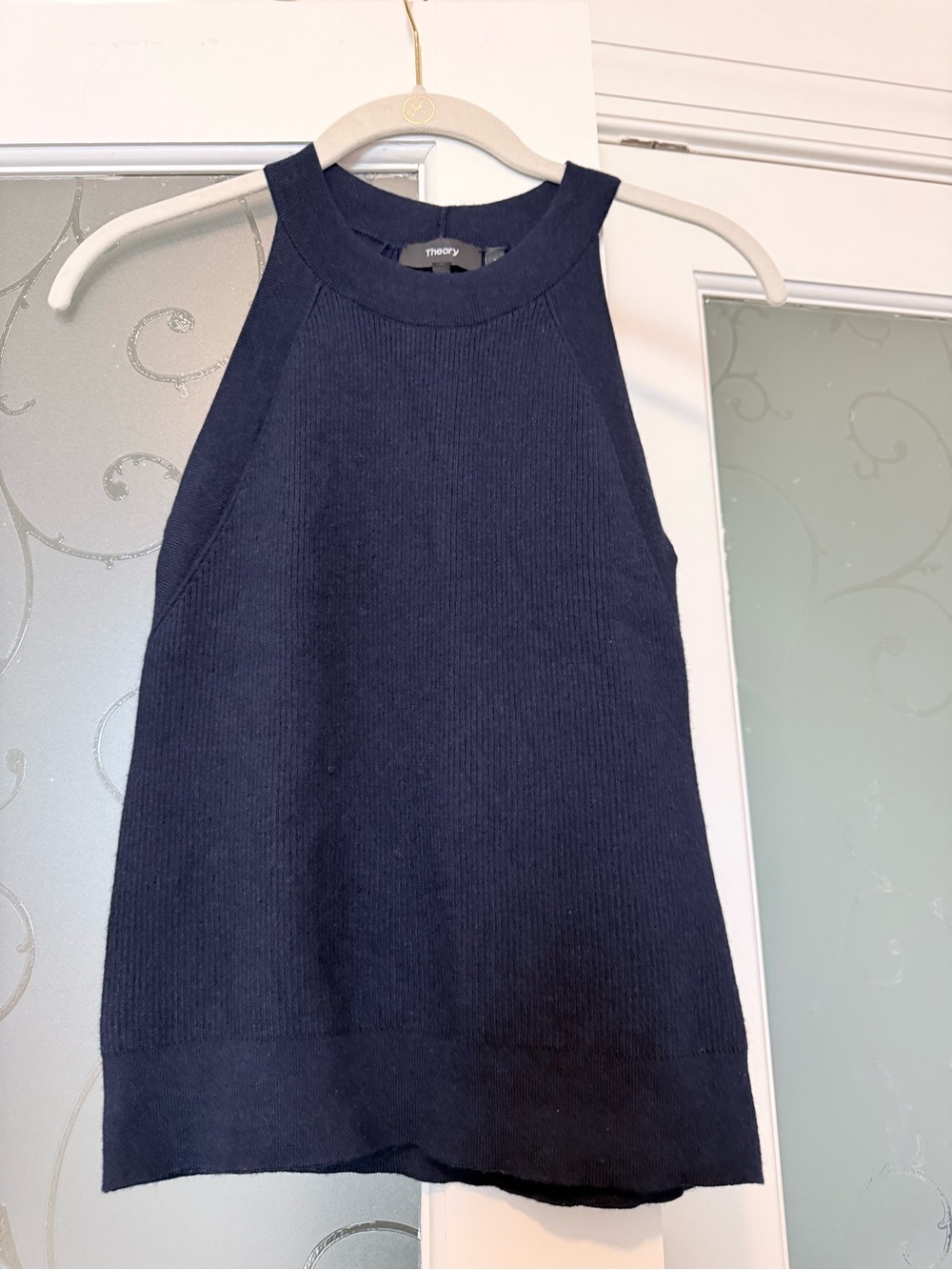Theory Navy Ribbed High-Neck Sleeveless Top